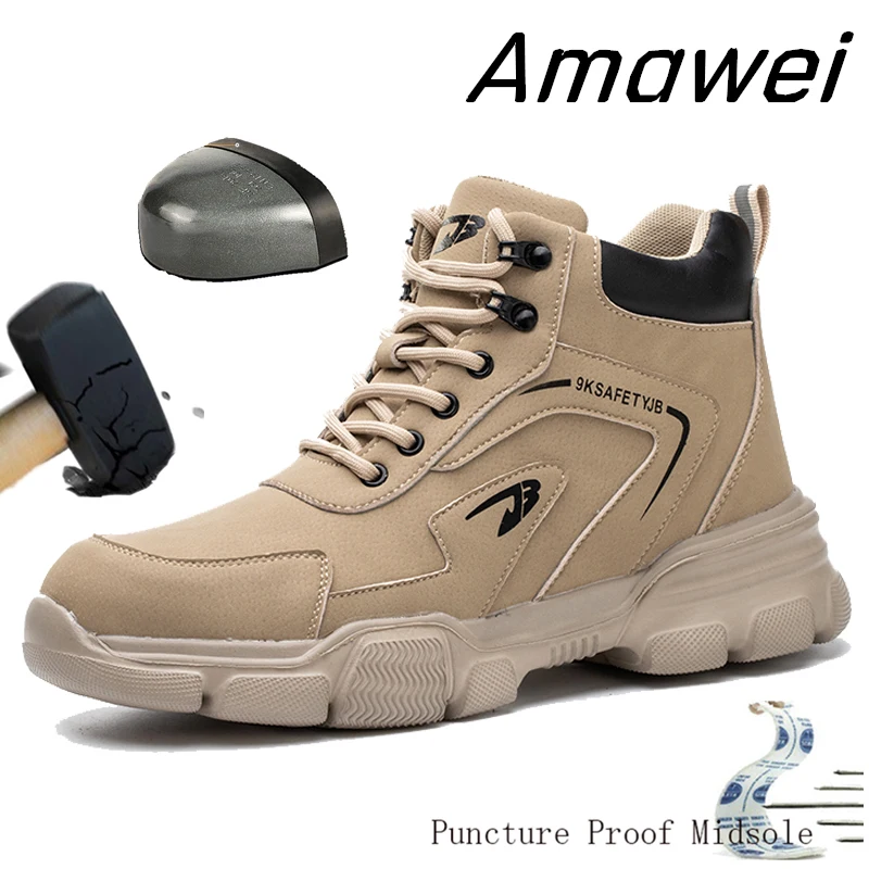 Amawei Mens Sneakers Construction Indestructible Hiking Safety Shoes Womens Steel Toe Work Boots Anti-Punctur Lightweight