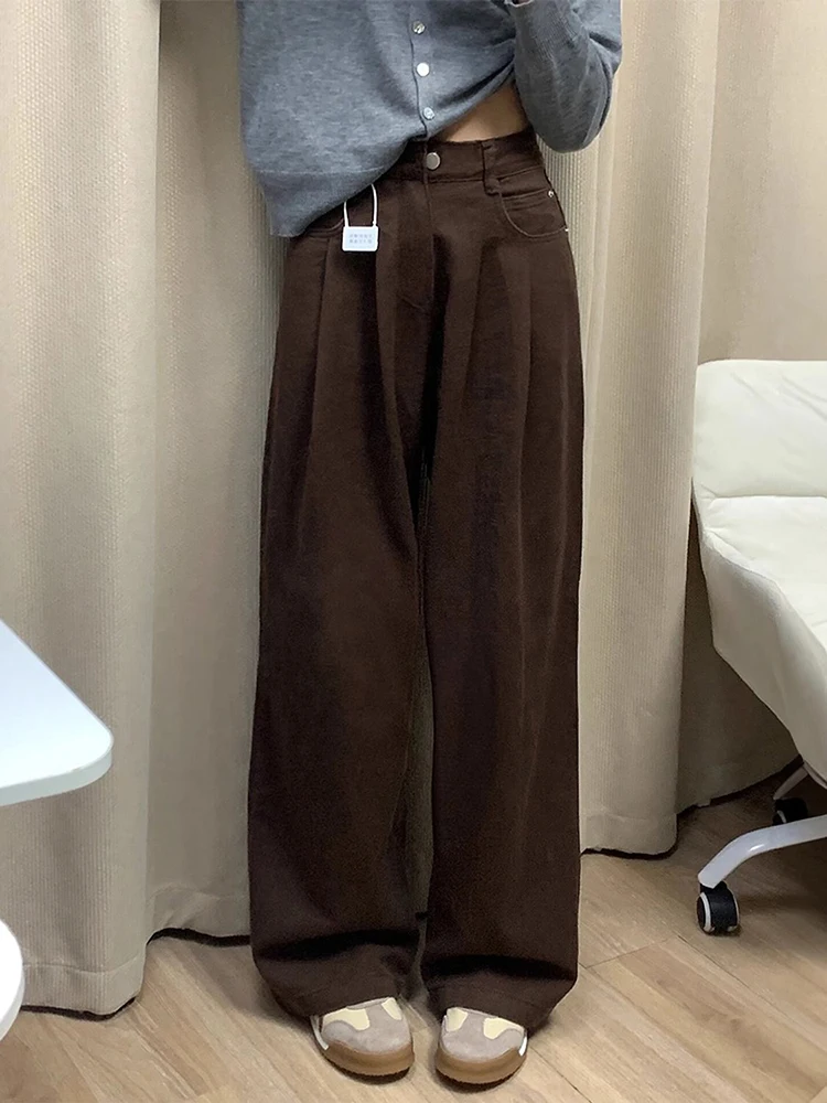 Damskie luźne jeansy vintage na jesień z wysokim stanem, codzienne, jednolite, szerokie nogawki, dżinsowe spodnie oversize, streetwear, proste spodnie damskie do pracy.