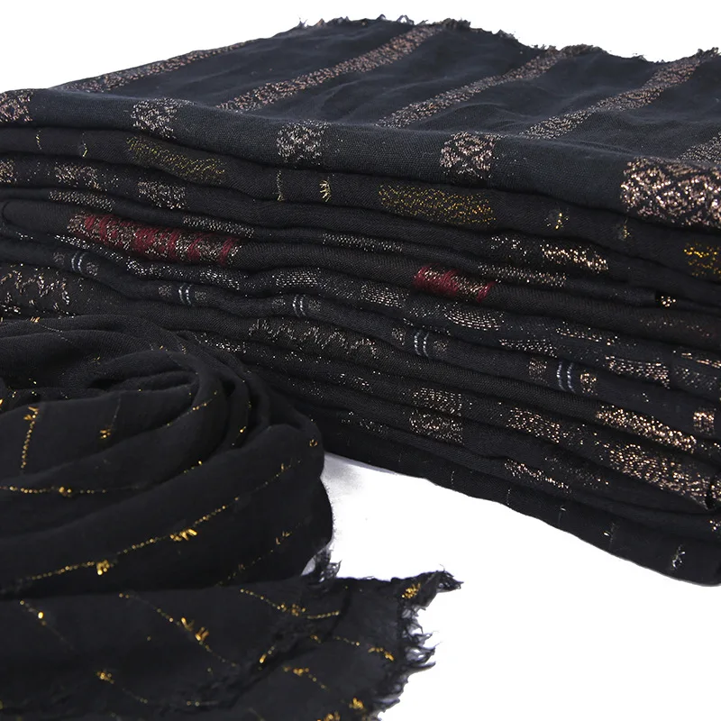 

High Quality Rayon Hijab Black Series Muslim Fashion Gold Silver Silk Head Indonesia Turban Headwraps for Women Islamic Clothing