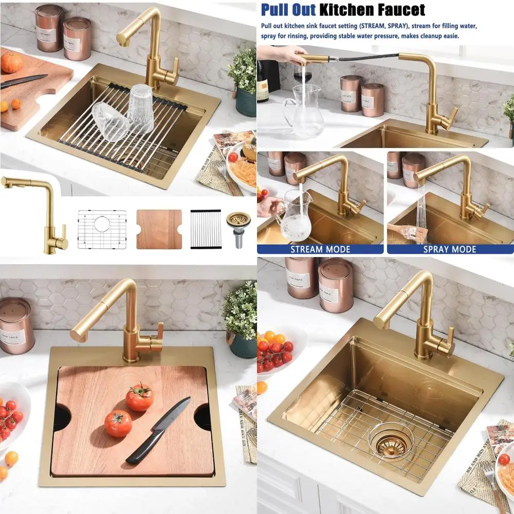 

Gold Drop-In Kitchen Sink Combo with Faucet - 15 Inch Deep Stainless Steel Small Sink and Faucet Set, 9 Inch Depth for Kitchen U