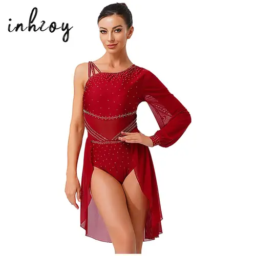 Imagen 1 del producto Vestido latino para mujer, traje de baile moderno lírico, moda de un solo hombro, manga única, diamantes de imitación, diseño de botones, vestido de ritmo