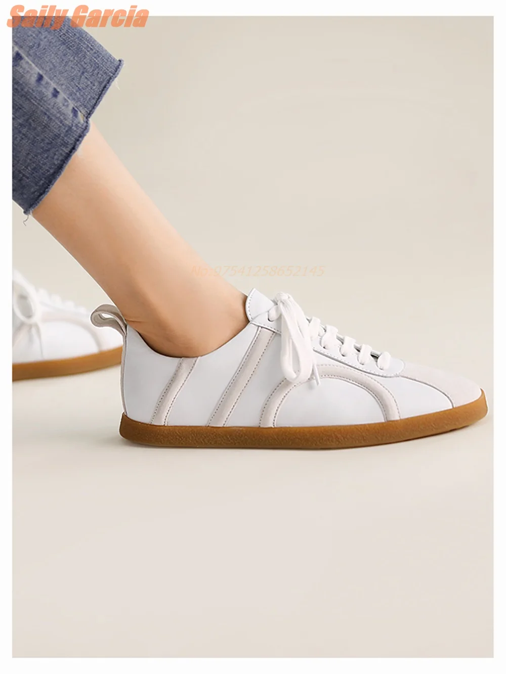 Flat Genuine Leather Pumps White Lace -Up Retro Women\'s Sneakers Mules Top Quality Daily Leisure Fashion Concise 2024 New