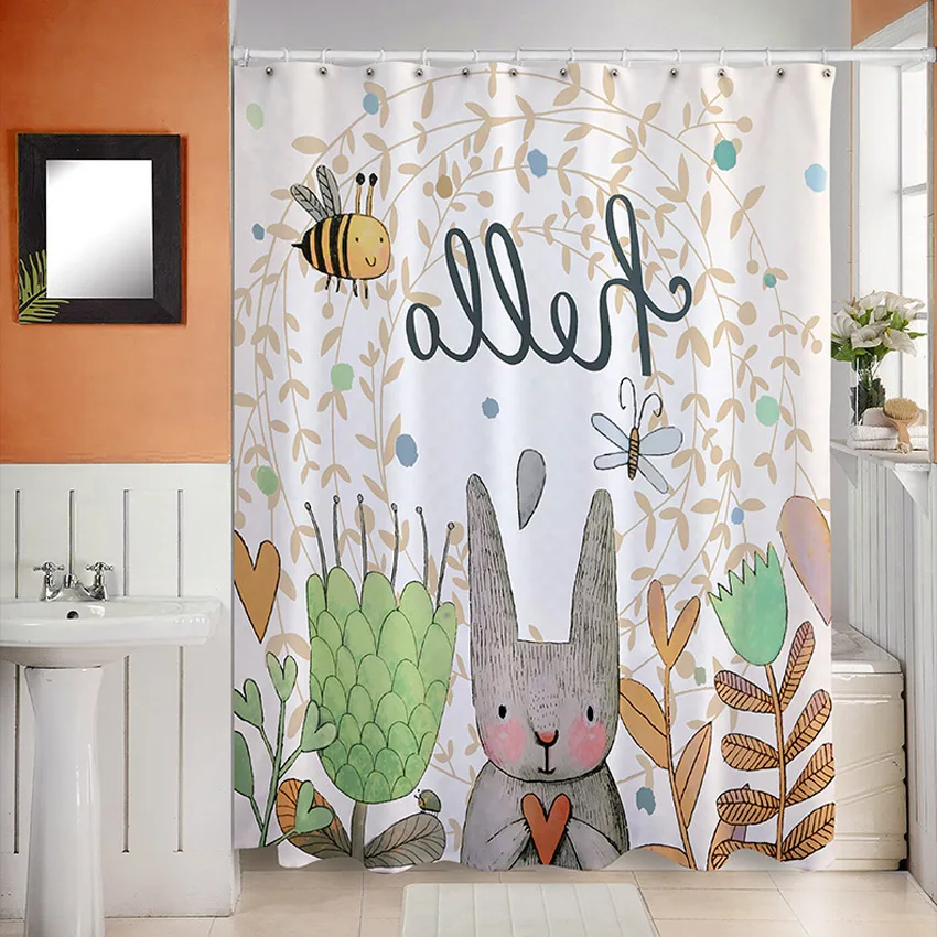 Cartoon Rabbit Shower Curtain Bath Curtains Bathroom Bathtub Waterproof Polyester Bathing Home Decor Bathroom Accessorie Cortina