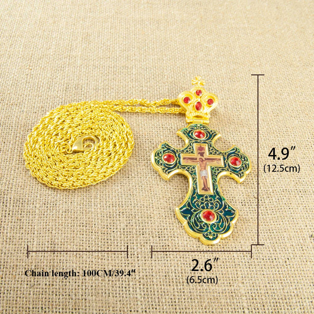 Neue 2026 Luxus-Emaille-Orthodoxe-Kreuz-Halskette mit rotem Kristall & vergoldetem Kruzifix-Ikonen-Schmuck für Priester, Liturgie & Sakramente – Detail 1