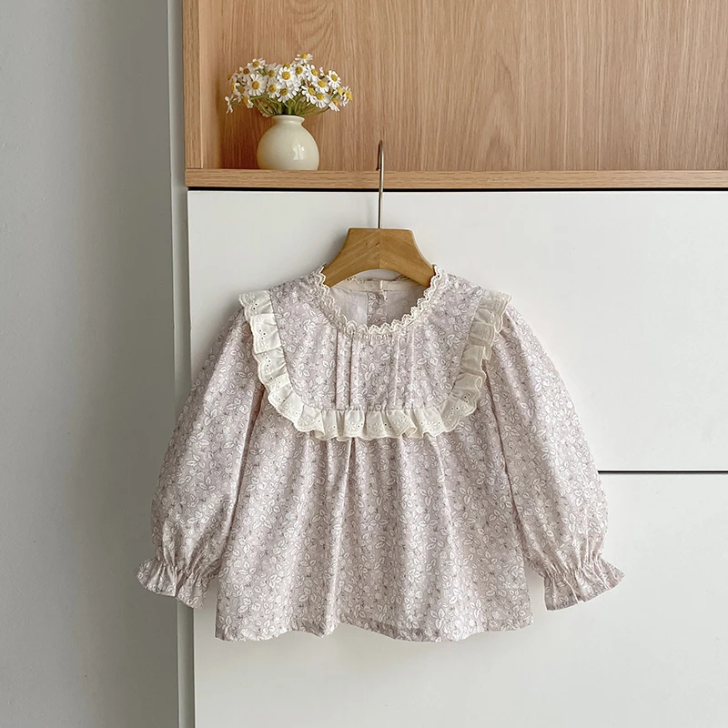 2026 Baby Girl Floral Print Blouse Lace Ruffle Collar Long Puff Sleeve Shirt Toddler Sweet Tops Kid Spring Autumn Casual Clothes