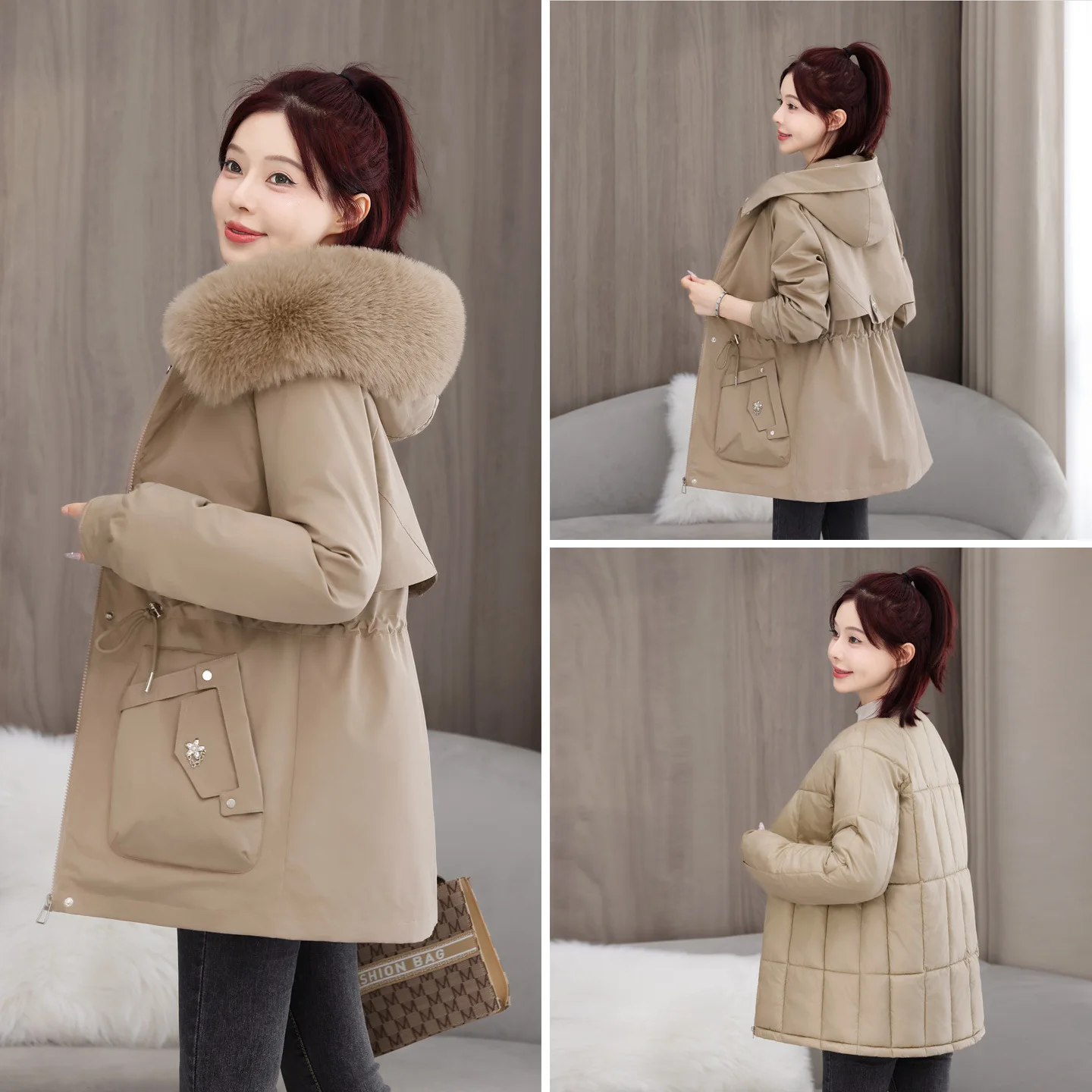 

Parkas Women Mid Length Coats Hooded Fur Collar Jackets Drawstring Tight Waist Thick Warm Y2k Streetwear Elegant Autumn Winter