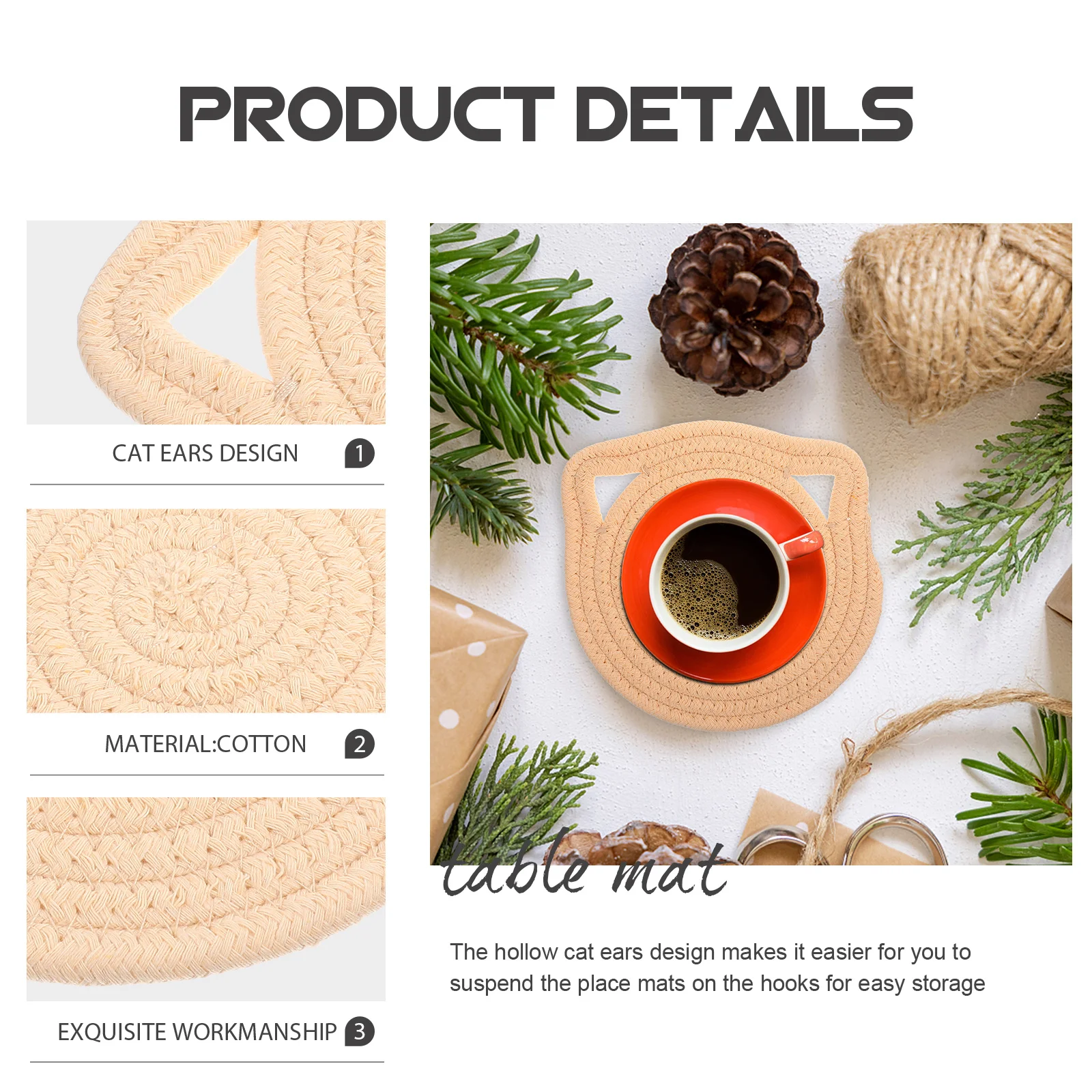 

4Pcs Cat Placemat Round Woven Place Mat Cotton Rope Insulated Pot Mat for Tableware Protection Decorative Coaster