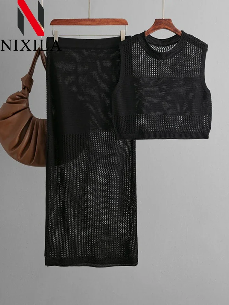 New Spring Summer Hollow Out Beach Skirts Outfits for Women Knit Tank Tops Skirts with Slit Sexy Long Skirts Sets Women 2 Piece