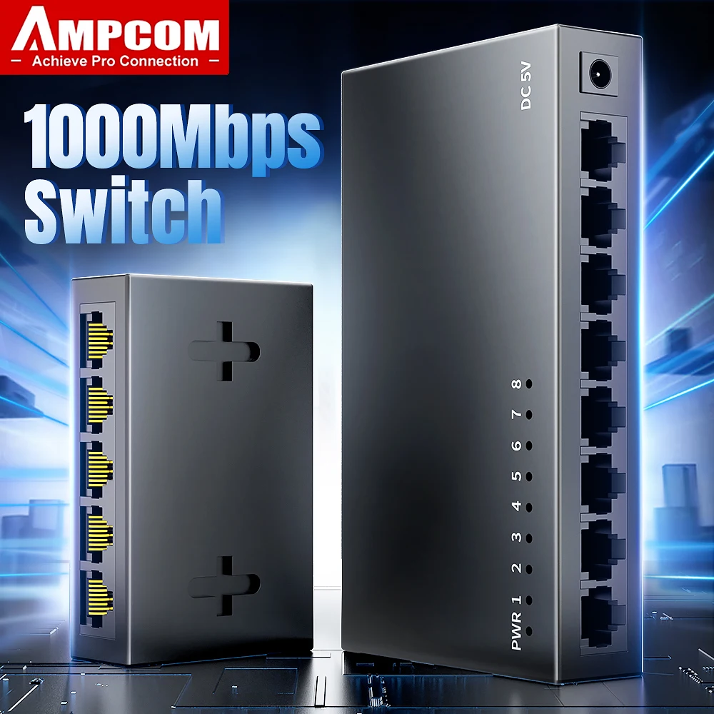 

AMPCOM Network Switch 5/8 Ports Switch Ethernet 1000Mbps Gigabit High Performance Smart Switcher RJ45 Hub Internet Injector