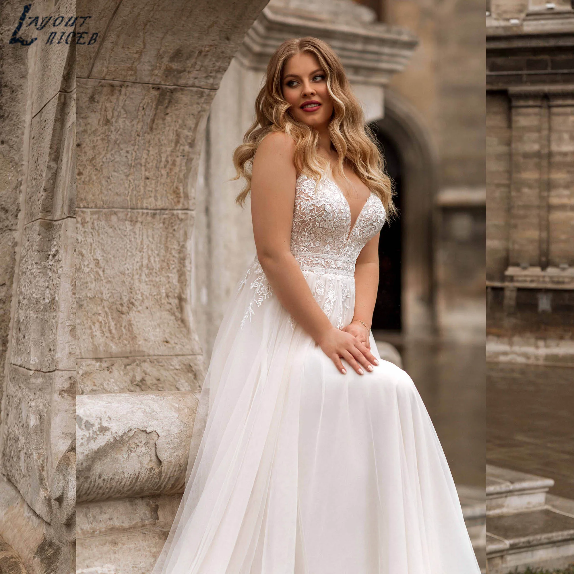 

Plus Size Bridal Dresses A-line V-neck Tulle Appliques vestido de noiva 2025 Sleeveless Backless Elegant Wedding Gown Customized