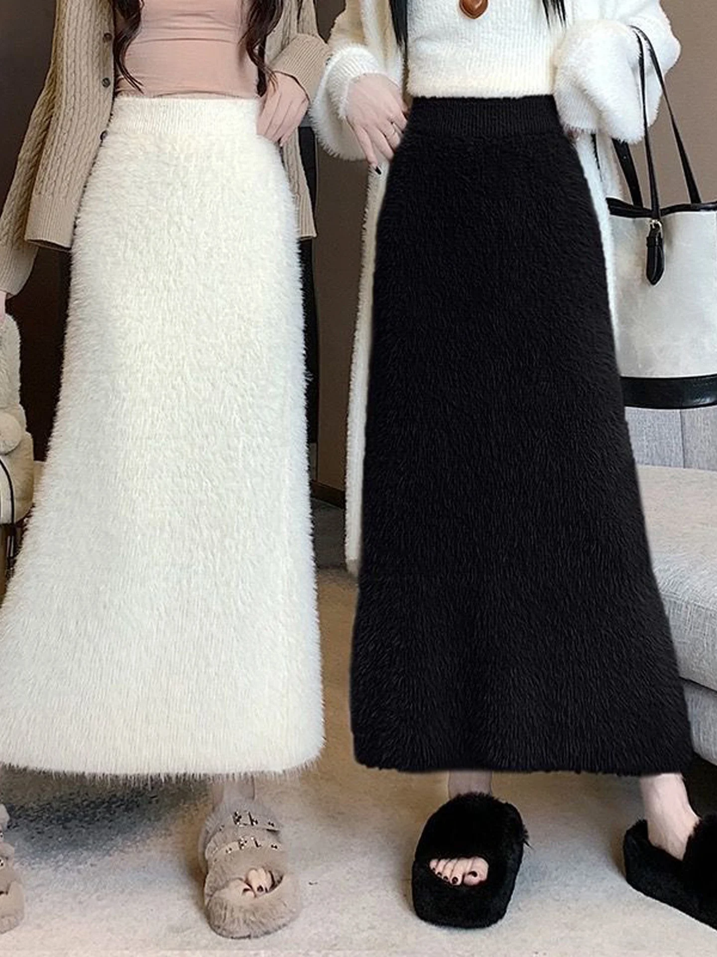 Thickened Knitted High Waist Long Skirt Women's Autumn Winter New Style One Step Half Body Skirt Simulation  Velvet
