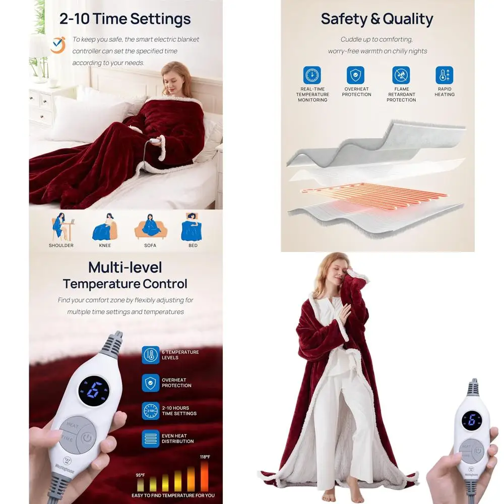 

Heated Electric Fleece Blanket with Foot Pocket, Adjustable Warmth, 6 Heat Levels, 2-10 Hours Timer, 50x70+18, Red