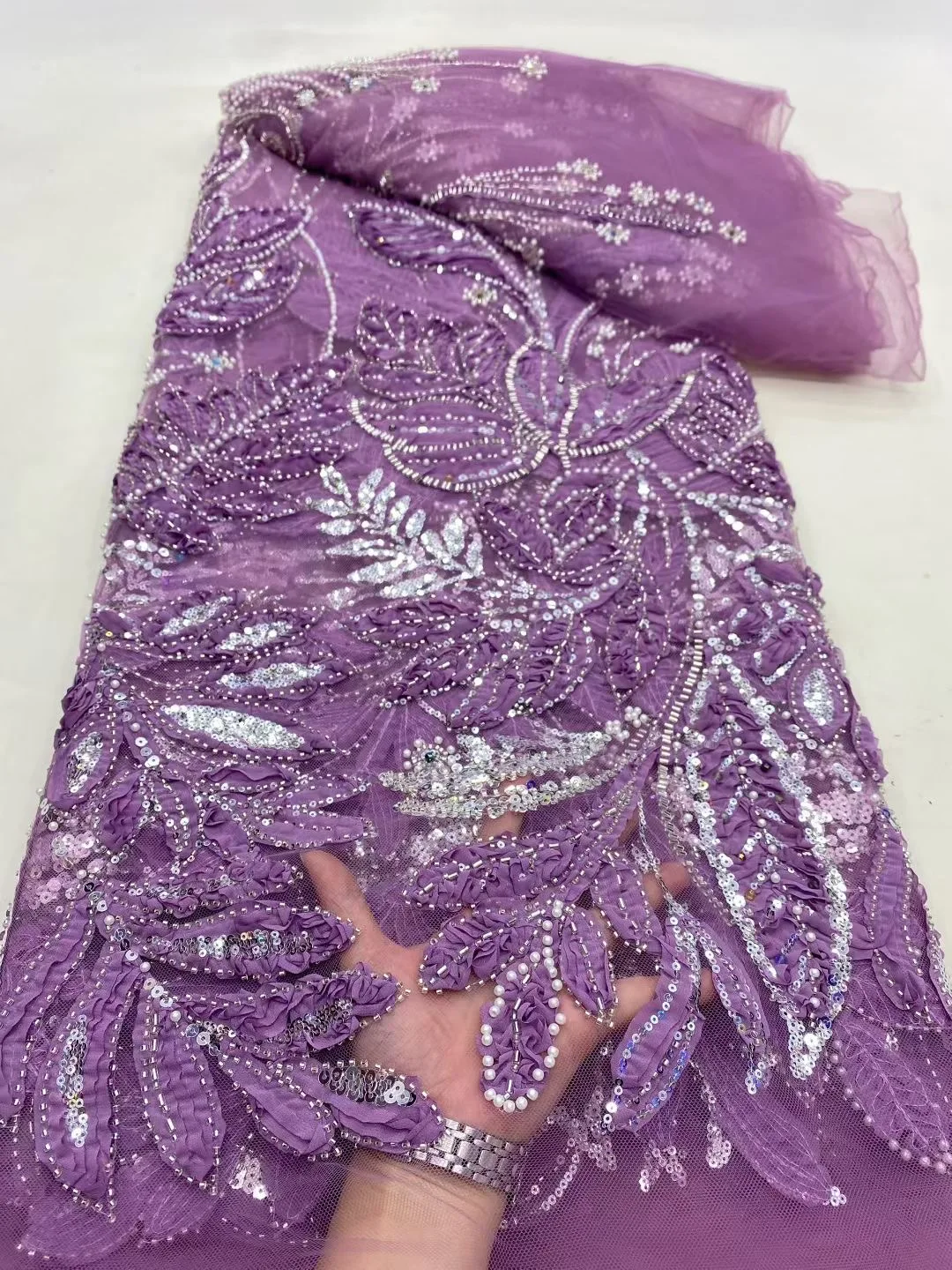 

Новинка 2025 года, высокое качество, африканская нигерийская ткань с тюлем, кружевная ткань, гипюровая вышивка, платья, блестки, бусины, 5 ярдов DP0443