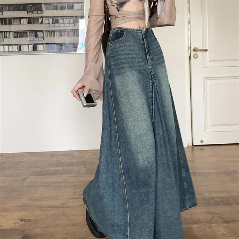 Denim Long Skirts Women Baggy Vintage High Waist Y2k Washed American Style Streetwear Fashion All-match Personality Mujer