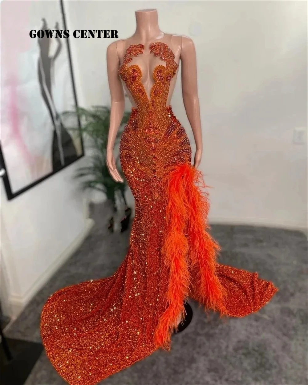 

Sparkly Orange Feathers Split Prom Dresses Black Girls Beaded Rhinestones Sequin Mermaid 2025 Birthday Luxury Dress Customized