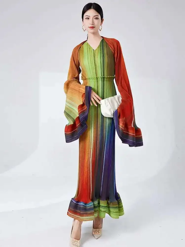 ANLAN Gradient Pleated Maxi Dress For Women Fashion Design Gathered Waist Fold Hem Female Luxury Party Clothing 2AN4987