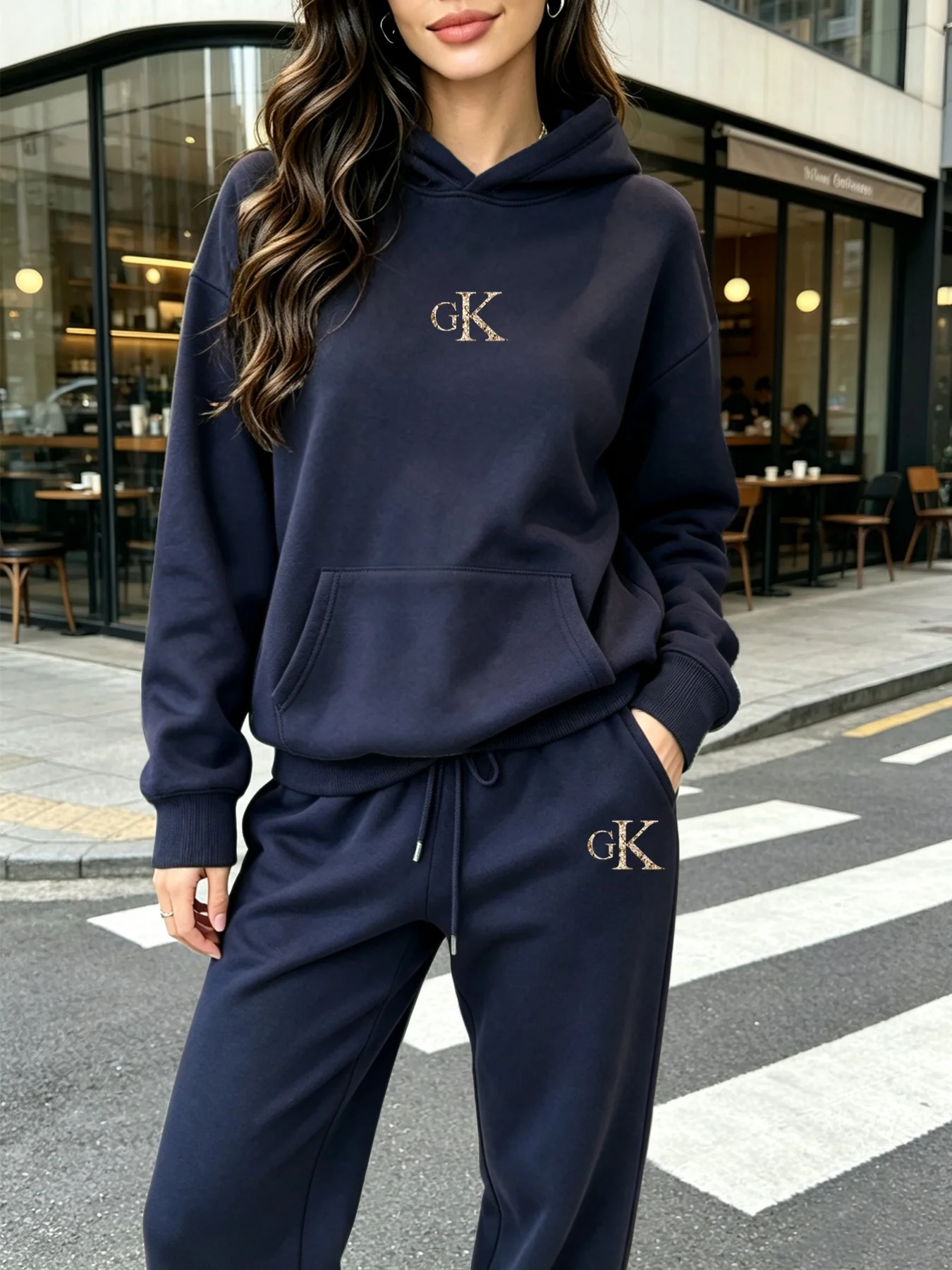 Women 2 Piece Outfit Hoodie & Sweatpants Set, Marble Texture Letter Print, Loose Long Sleeve Casual Tracksuit, Autumn Winter