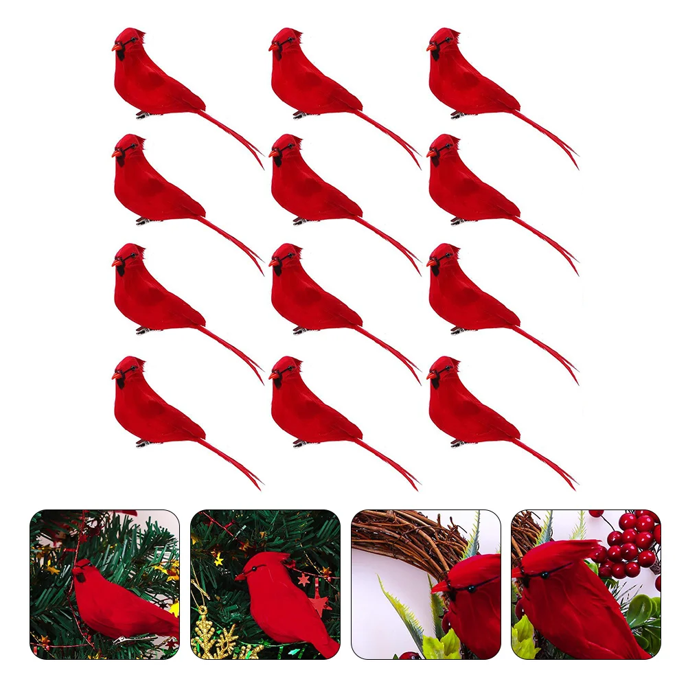 

12pcs Realistic Cardinal Birds Decorative Figures With Iron Clip For Christmas Tree Wreath Ornament Xmas Birds Decoration