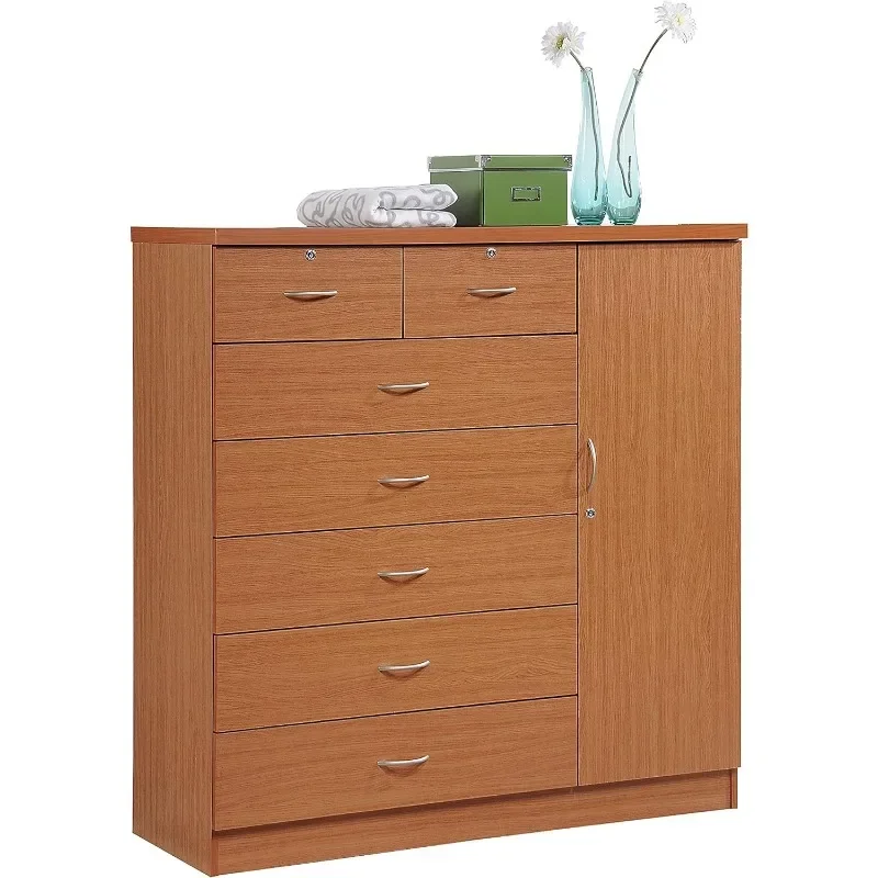 

Hodedah 7 Drawer Jumbo Chest, Five Large Drawers, Two Smaller Drawers with Two Lock, Hanging Rod, and Three Shelves | Cherry