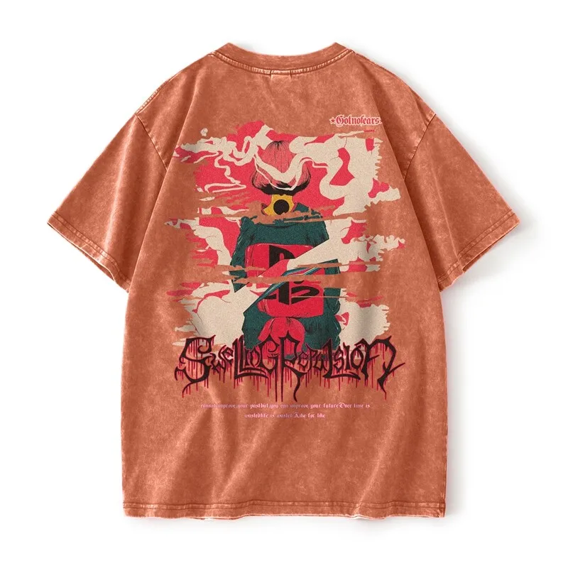 Print Thermal Transfer Washed T Shirt For Men Streetwear Hip Hop Summer Quality Cotton Distressed Loose Fit Plus Sized Camisetas