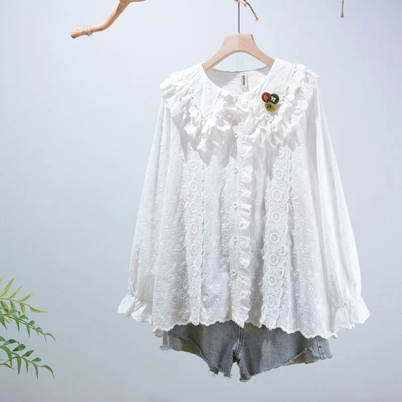 Frühling 202 Süßes, lockeres Baumwollkleid für Damen mit besticktem Puppenkragen, Spitzeneinsatz und langen Ärmeln im geraden Schnitt