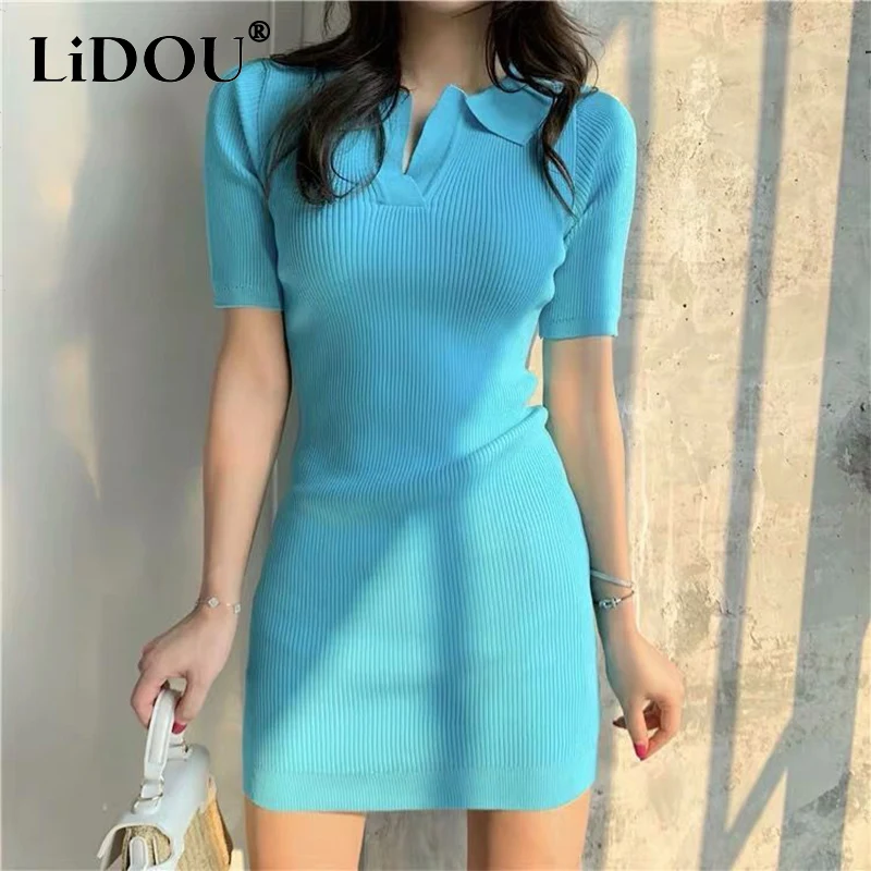 

Summer Fashion Polo-neck Knitting Bodycon Mini Dress Ladies Elegant Slim Vestidos Women's Solid Color Casual Robe Female Clothes