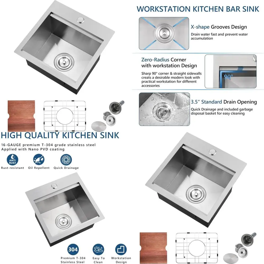 

Stainless Steel 15 Inch Kitchen Bar Sink Single Bowl Drop-in Workstation Top Mount Small Sink for Home Kitchen Use