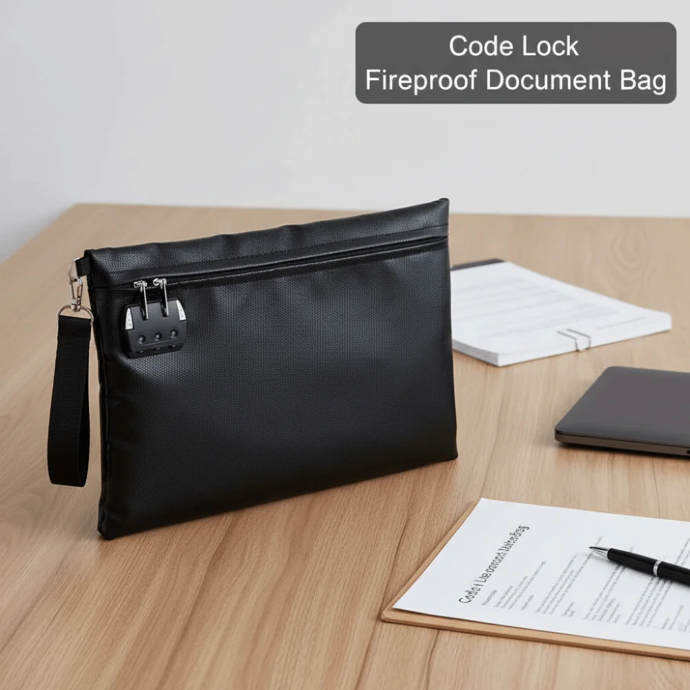 Saco de documentos à prova de fogo com bloqueio de código, resistente ao calor com bloqueio, pasta de arquivo de segurança, portátil, à prova d'água, zíper, bolsa de documentos