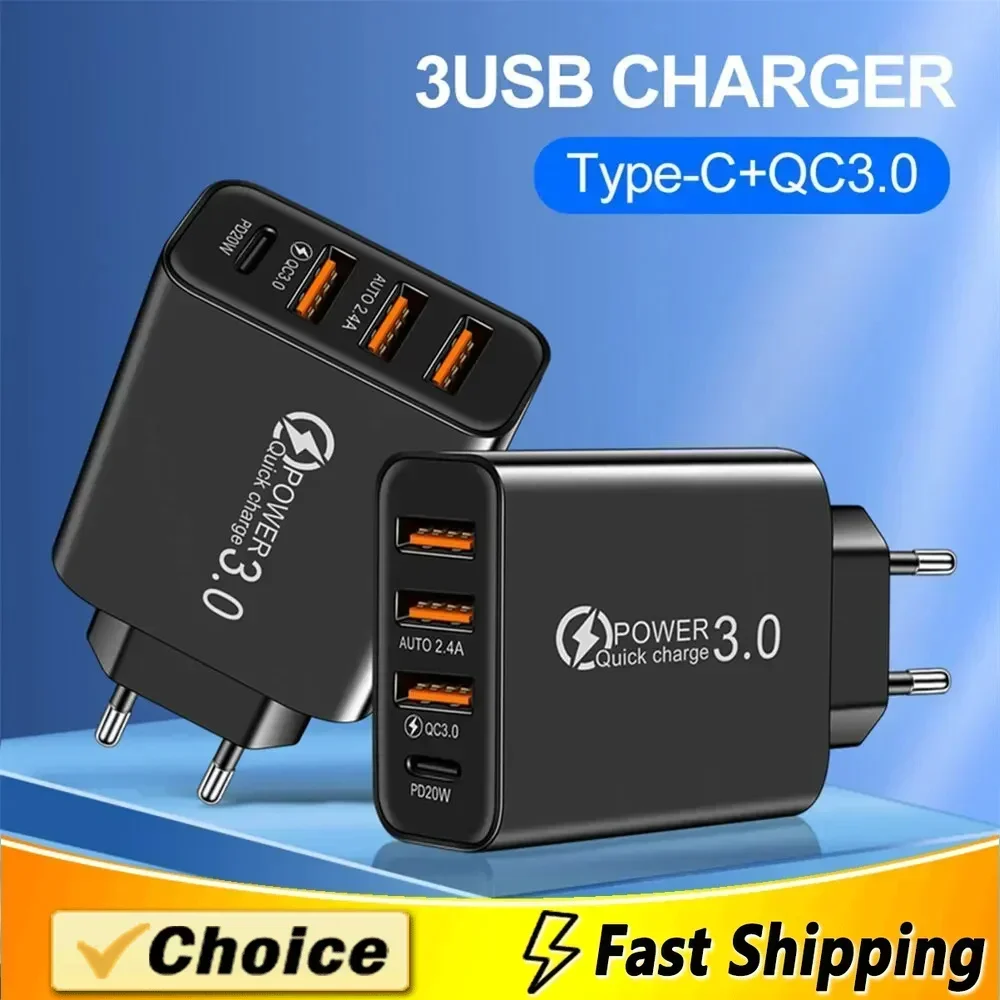 شاحن سريع USB نوع C ، محول طاقة جداري للآيفون ، شاومي ، سامسونج ، هاتف ، شحن سريع ، 4 منافذ ، PD ، 60 واط