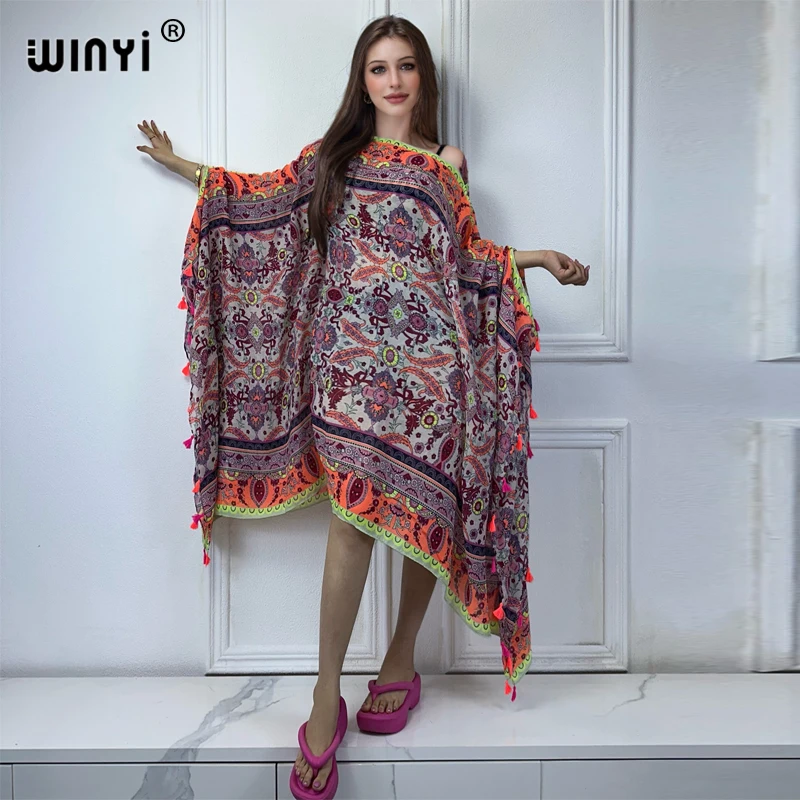 

WINYI Africa beach dress Bohemia Flower print sexy dress Women elegant robe Female kaftan abayas dubai luxury beach cover up