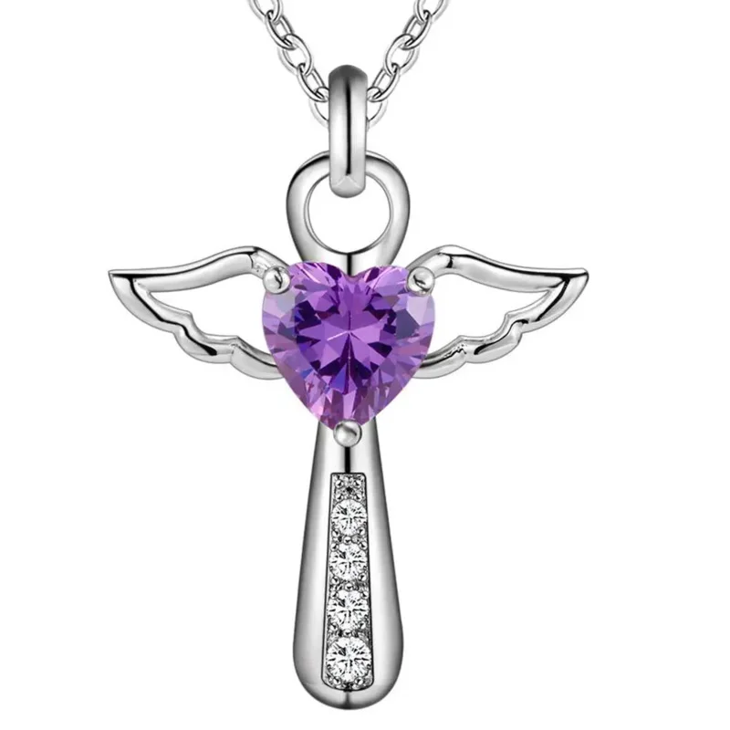 Y2K Plated 925 Silver Latin Angel Wings Cross White Purple Zircon Crystal Pendant Necklace for Girls Women