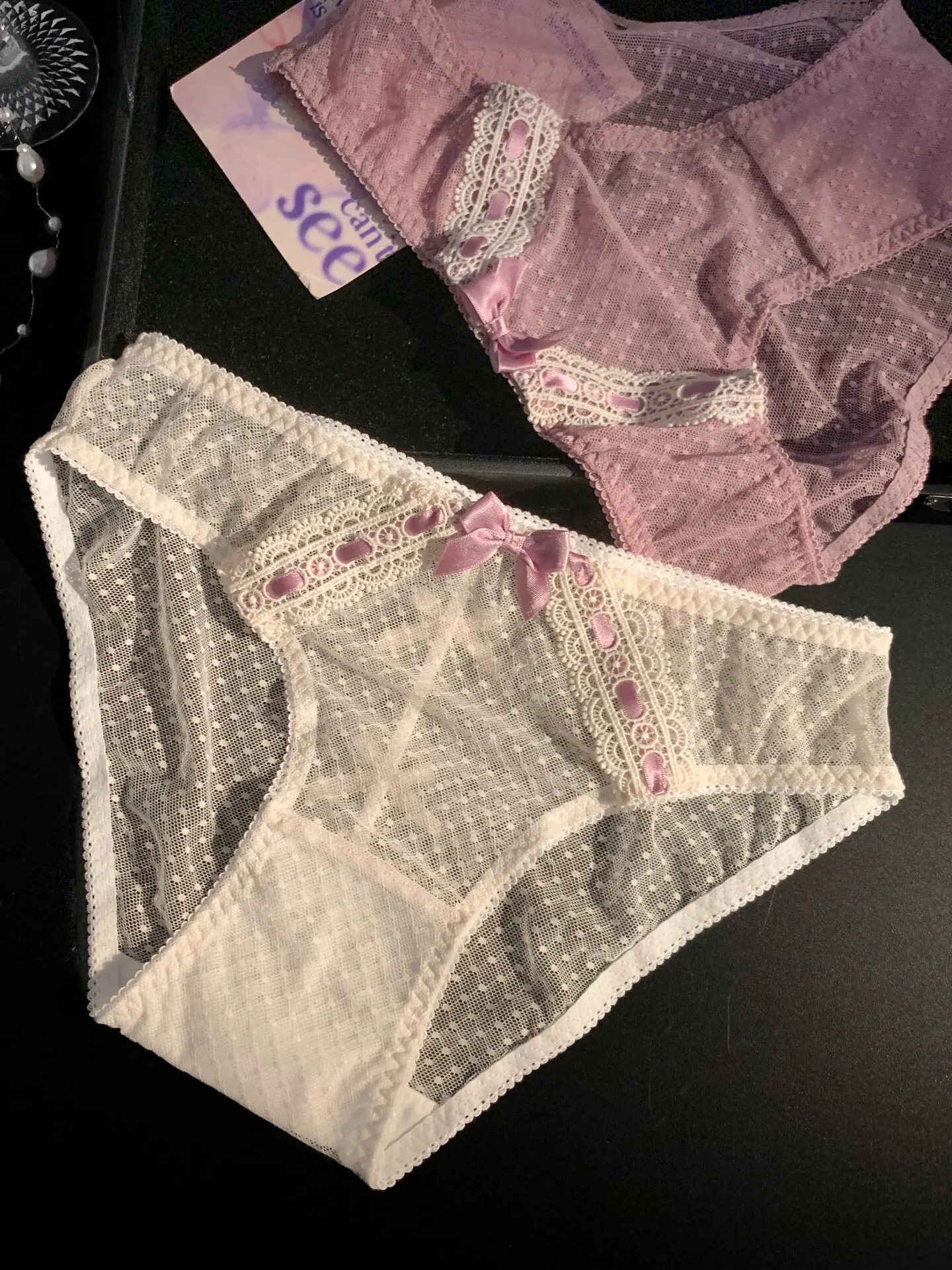 French Style Sheer Polka Dot Mesh Lace Panties For Women Pink Bow Mid Rise Thin Breathable Anti-chafing Ladies Brief Underwear