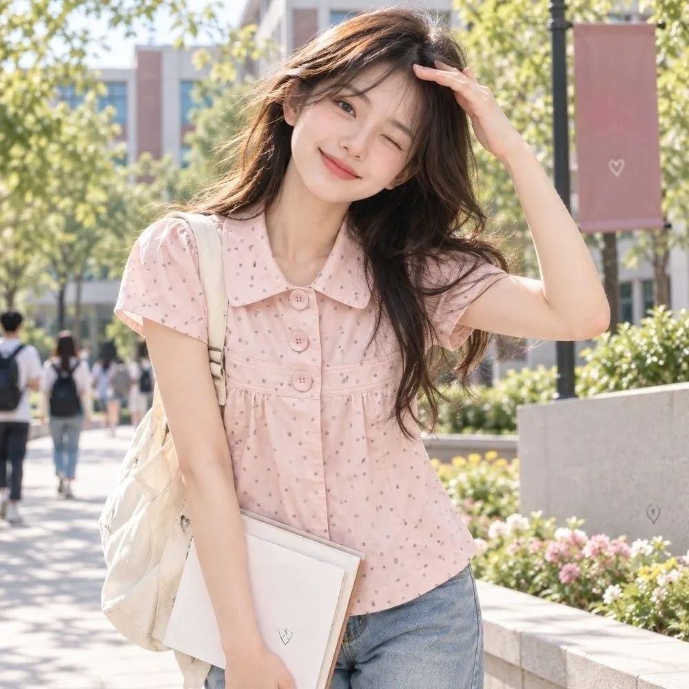 Vintage Slim Fit Bluse mit Polka Dots, Y2K Hemd mit Umlegekragen, Damenoberteile, Harajuku Preppy Style Hemden für Damen – Detail 4