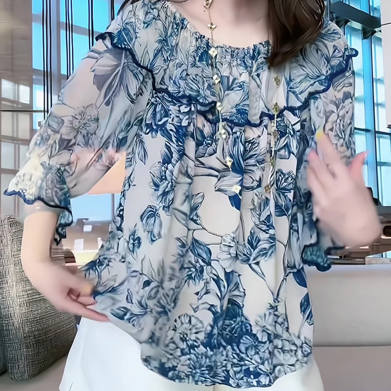 Chiffon Dames Shirt Zomer Prints Vintage Blouses Losse Korte Mouw Vrouwen Tops O-hals Mode Kleding 2024 Koreaans