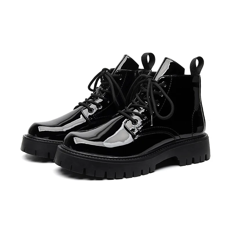 Homens de luxo moda plataforma botas sapatos de couro patente festa vestido de baile preto na moda cowboy tornozelo bota bonito curto botas masculino