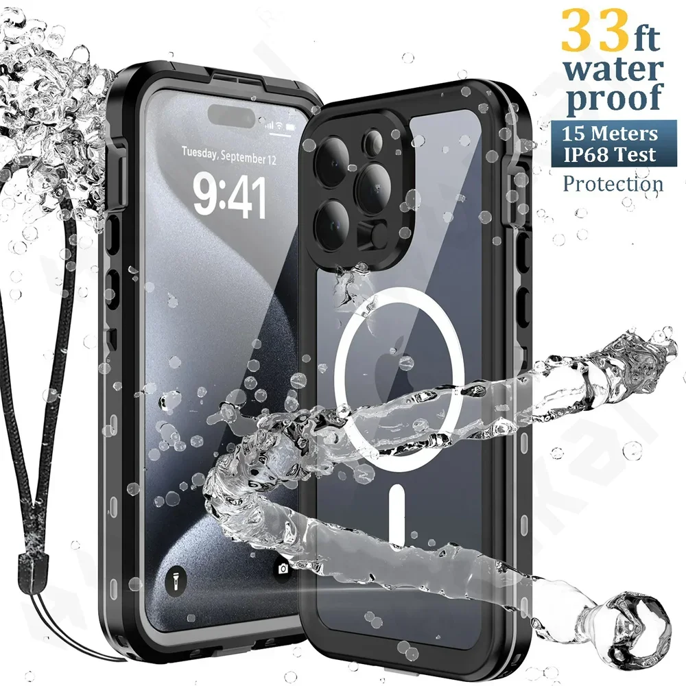 Magnetic Case For iPhone 16 15 14 13 Pro Max Pro IP68 Waterproof Protector Full Body Protective Dustproof Shockproof Phone Cover