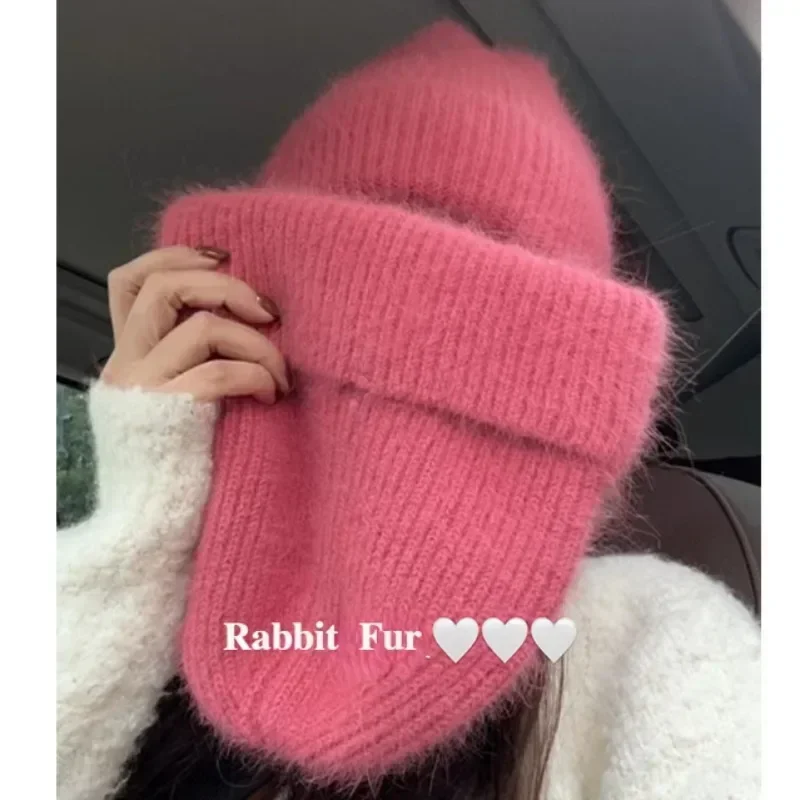 Angora Rabbit Fur Knitted Hat Women Soft Warm Fluffy Winter Hat Korea Ins Fashion Beanies Female Bonnet Warm Knit Skullies Cap