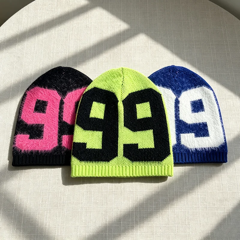 99 Digit Plush Knitted Hat Warm Plush Skull Hat Men's And Women's Hip-hop Streetwear Retro Casual Headwear Autumn New Collection