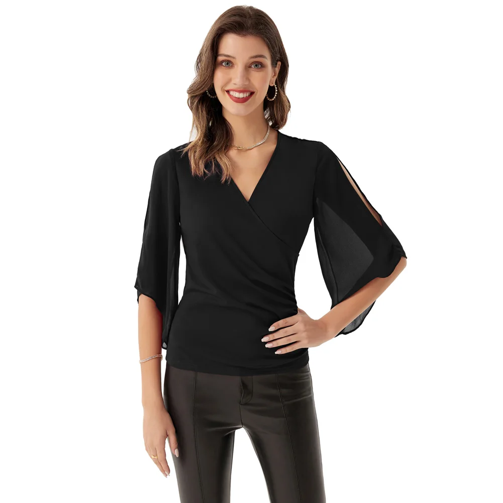 Grace Karin-Tops de retazos de gasa para mujer, blusa elegante de manga corta con cuello en V, color liso, 3/4