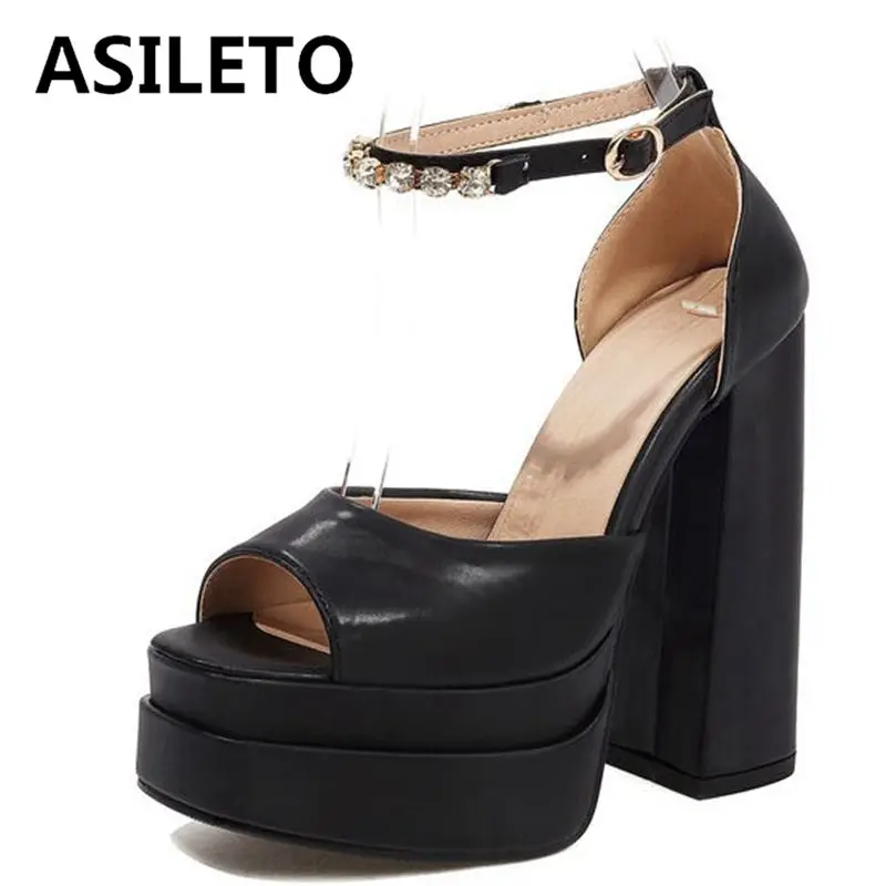 

ASILETO Platform Ladies Sandals Peep Toe Block Heels Rhinestone Ankle Buckle Straps Fashion Large Size 34-46 Blue Black S3704