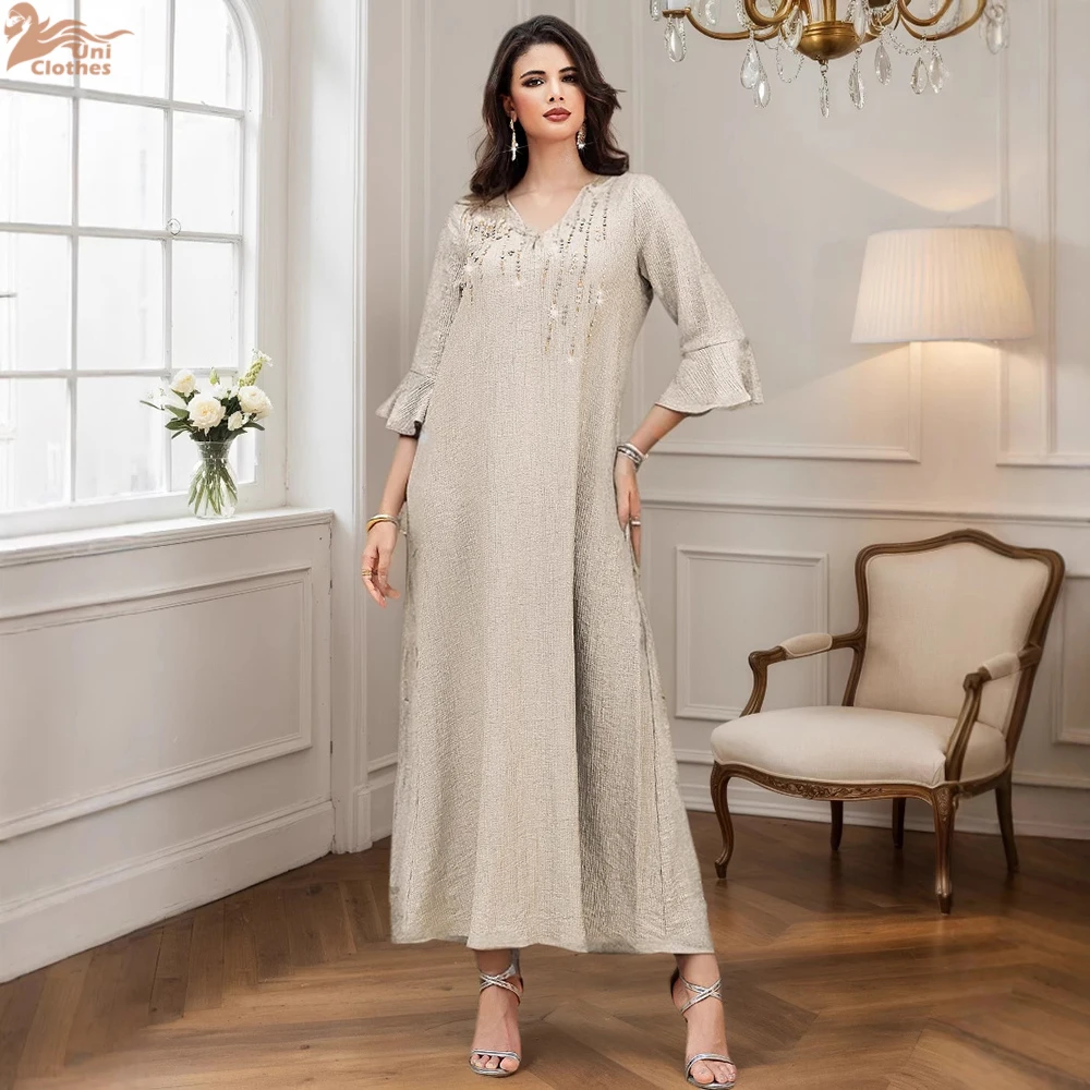 Uni Ramadan Moroccan Solid Rhinestone Decorated Maxi Dress Muslim V-Neck Fashion Abaya Dubai Women’s Clothing