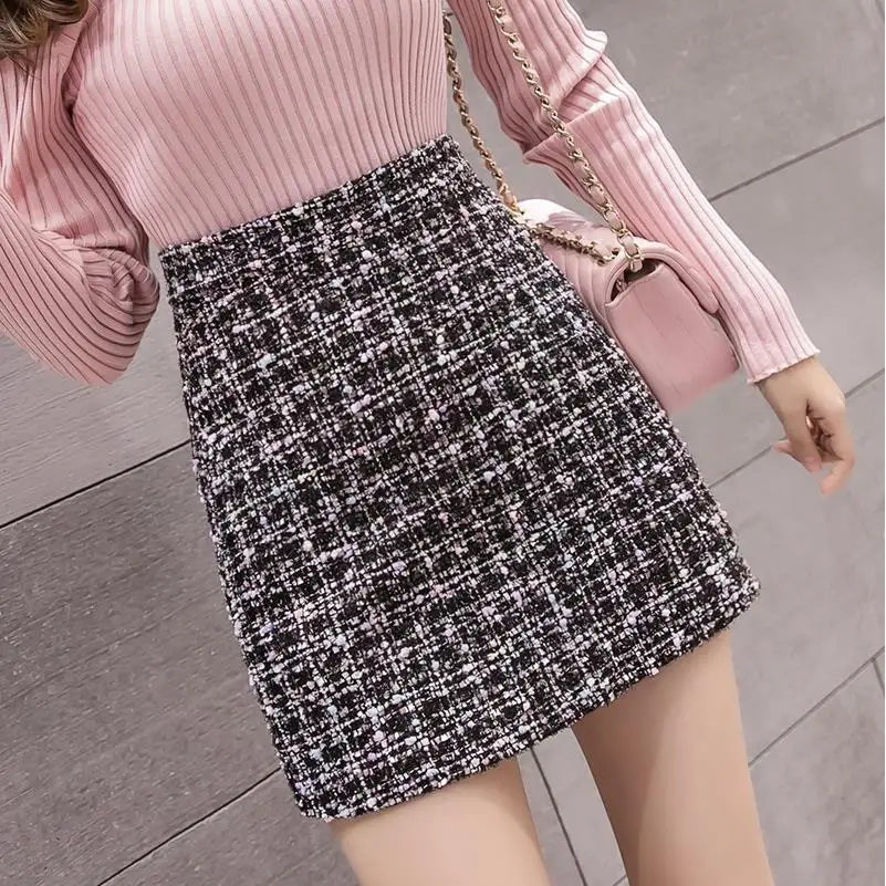 

S-XL Tweed Skirts 2023 New Women Tweed Skirt Spring Autumn High Waist Slim A-line Mini Skirt Elegant Korean White Black Skirts