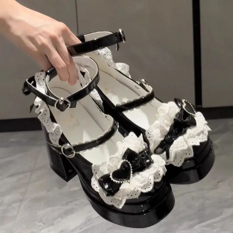 Japanese Kawaii Punk Goth Chunky Platform Pumps Women Bowtie Wedges Mary Jane Lolita Shoes Woman Heart Ankle Buckle Black Shoes