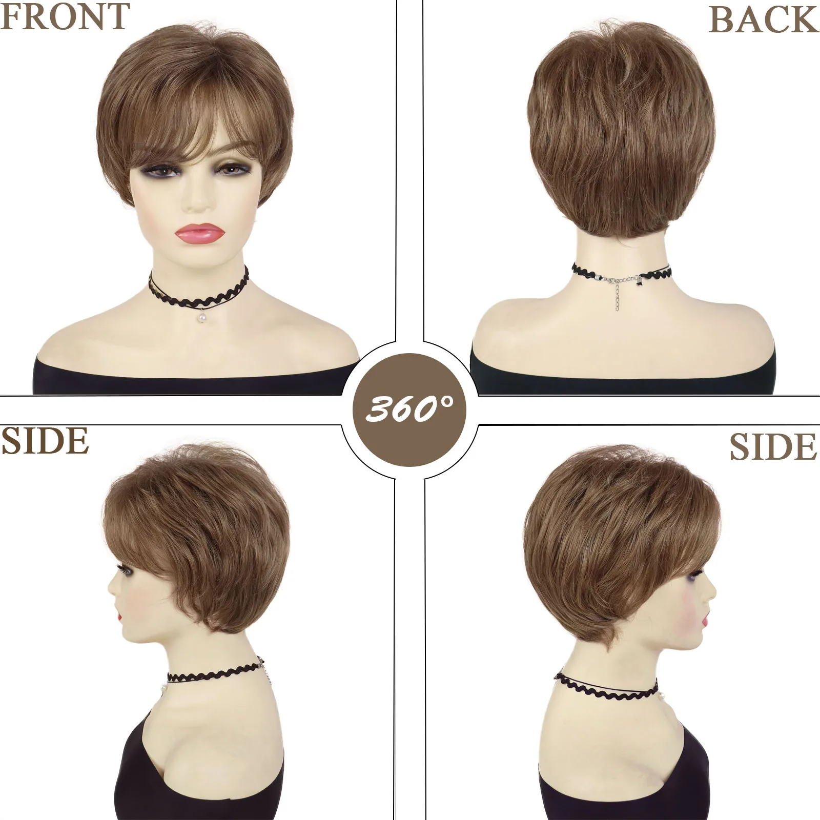 شعر مستعار اصطناعي بقص عابث للنساء، شعر مستعار بني قصير مع غرة، مظهر طبيعي، شعر مستعار بديل لشعر السيدة العجوز، زي يومي