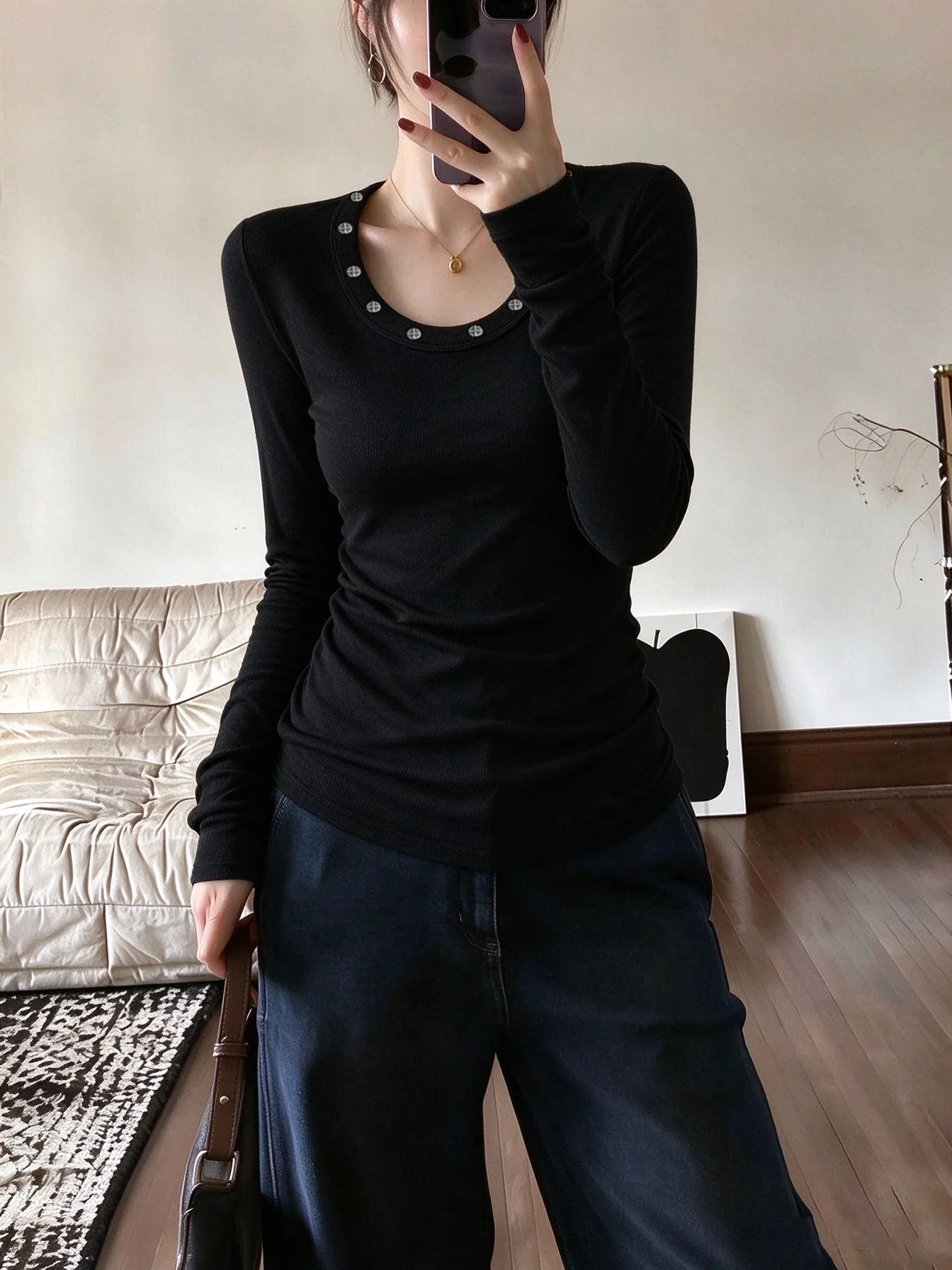 Korean Casual Solid Womens Long Sleeved Comfy Fashion S-XL Base Layer Street Jogging U-neck Clothing Thread All-Match Streetwear