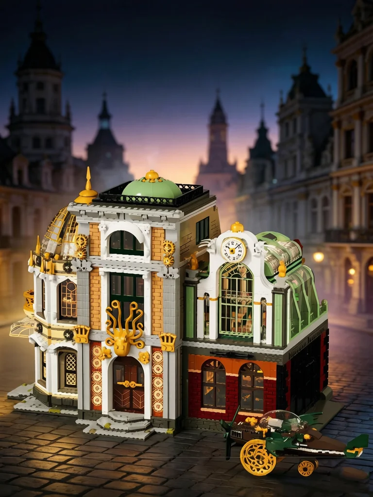 Kreative Straßenansicht-Hausbausteine mit Beleuchtung, Punk-Explorer-Architektur-Konstruktionssteine, Straßenlandschaft-Spielzeug, Heimdekoration – Detail 1
