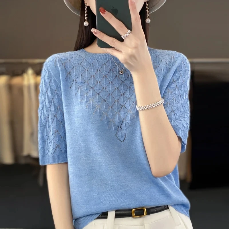 Summer Hollow Ice Silk knitted Short Sleeved T-Shirt Women\'s Thin Loose Round Neck Pullovers Knitted Sweater Female Jumper Top