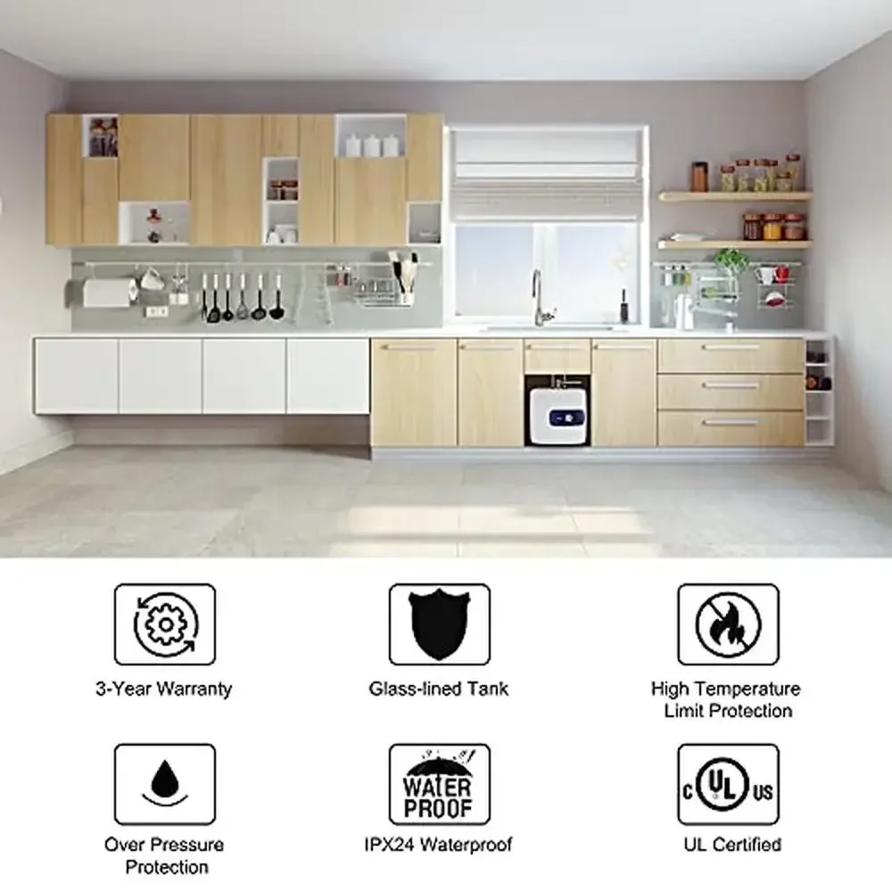 6.5 Gallons Mini Tank Water Heater Instant Hot Point of Use 1440W 120V Wall Mounted Plugin Slim Design Efficient Temperature