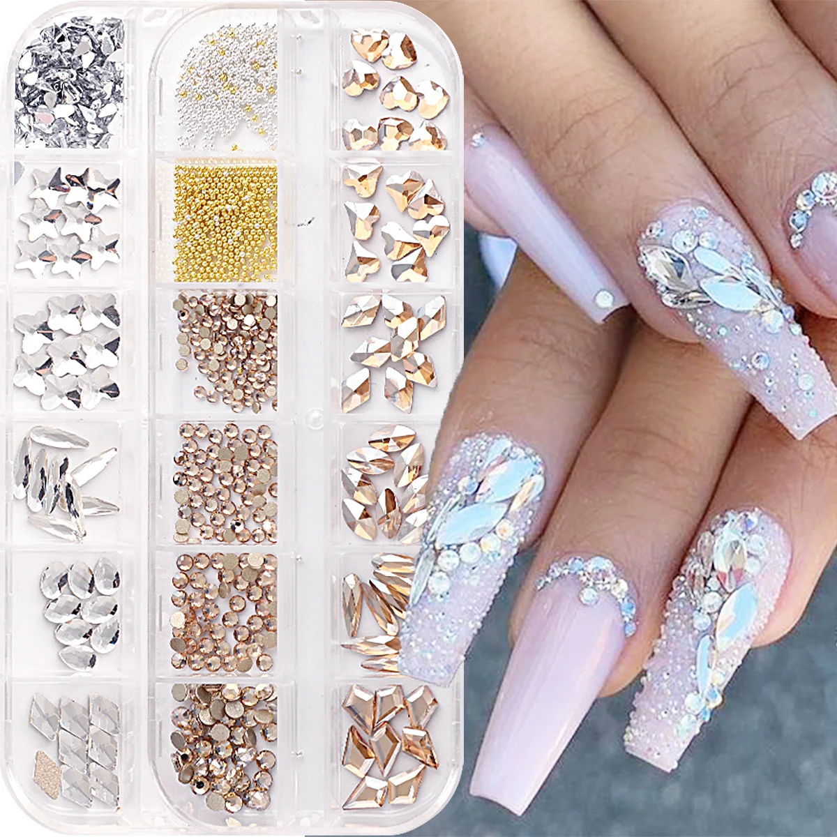 

12 Grids Nail Art Rhinestones 3D Multi-Size Crystal AB Flatback Diamond Gems Shiny Jewelry DIY Charm Nail Art Decoration NT12GPZ