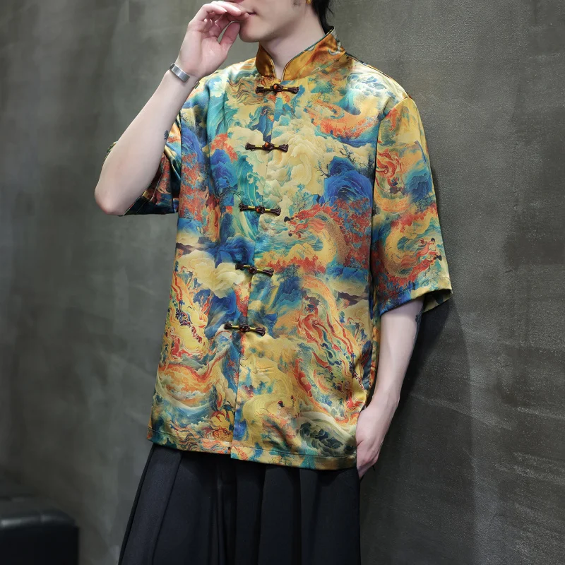 

Trendy Chinese Style Ice Silk Printed Shirt with Button Loose Fit Short Sleeve Youthful Summer Casual Large Size Men's Clothing